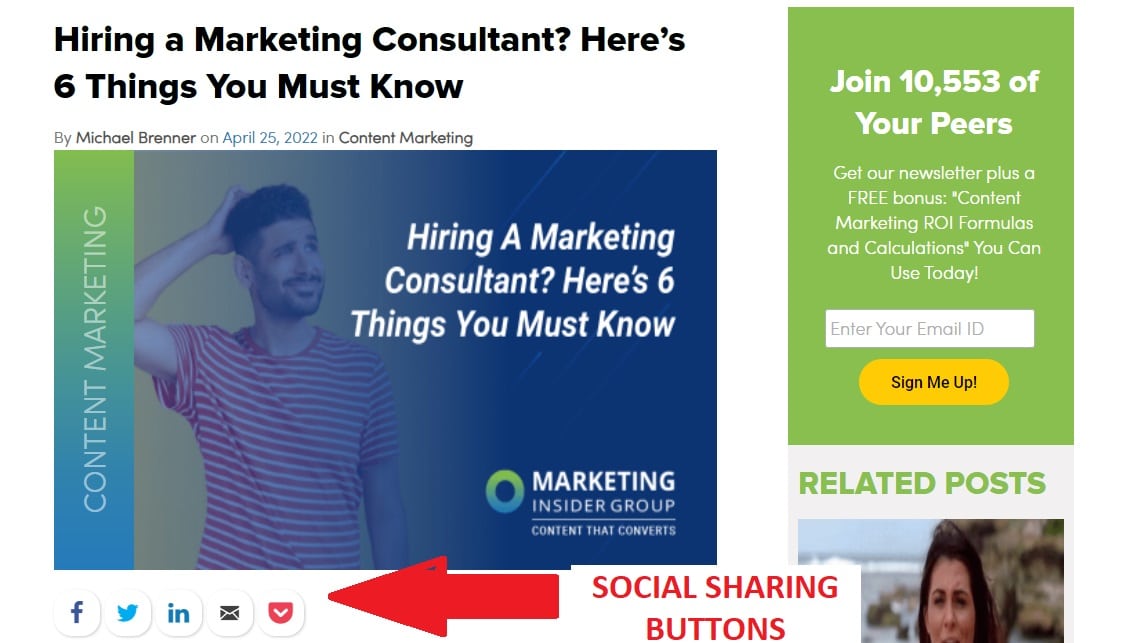 Social sharing buttons appearing at the top of a recent MIG blog post.