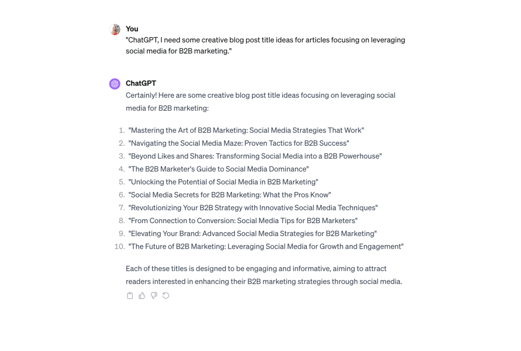 screenshot shows response from ChatGPT when using blog post titles prompt