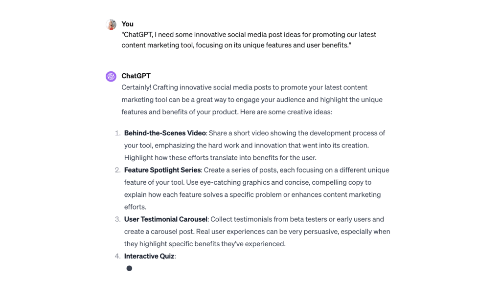 screenshot shows response after using ChatGPT copywriting prompts for social media