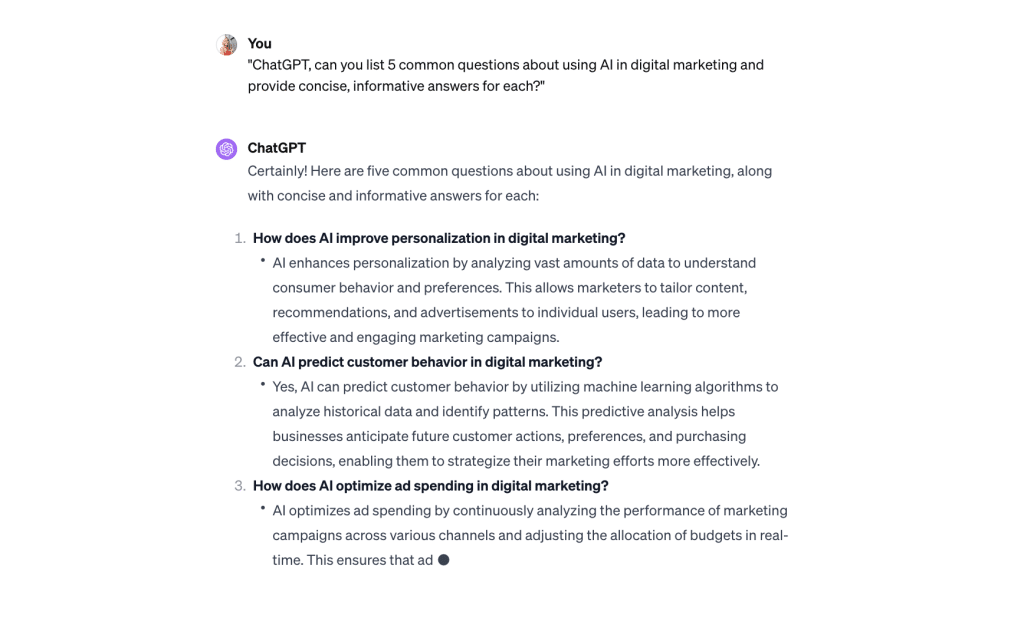 screenshot shows response from ChatGPT when using FAQ section prompt