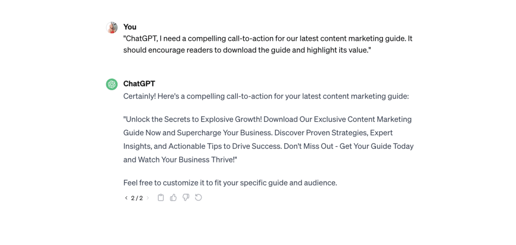 screenshot shows response from ChatGPT when using Call-to-Action prompt