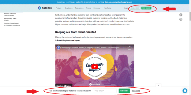 Databox uses a Hello bar and footer bar for lead generation through blogging.