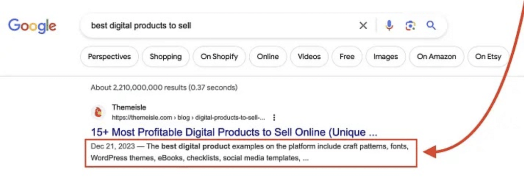 graphic showing where meta description is located on a post