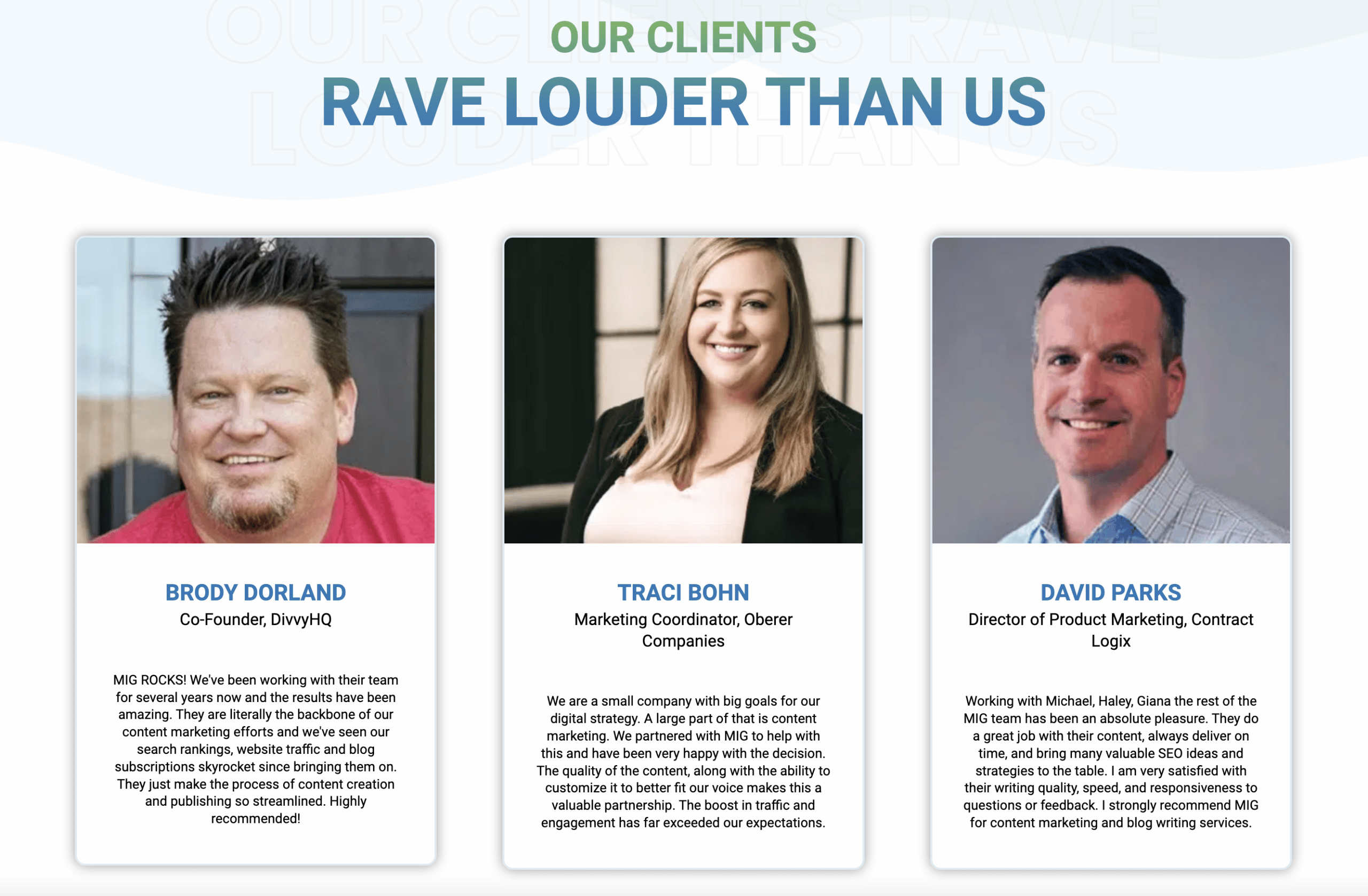 example of testimonials from Marketing Insider Group’s clients