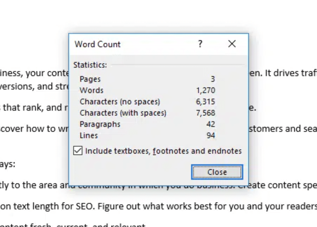 screenshot shows example of character counting tool