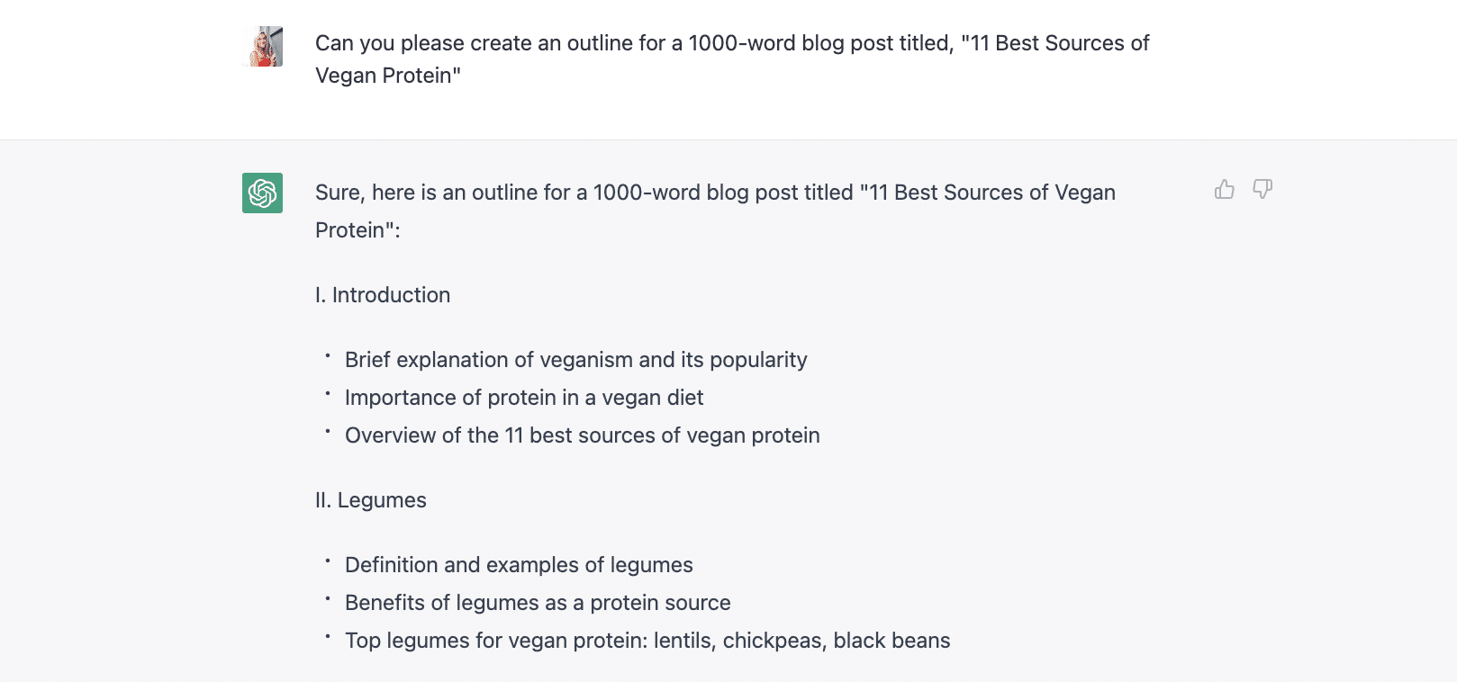 screenshot of ChatGPT chat shows example of baseline for high quality content